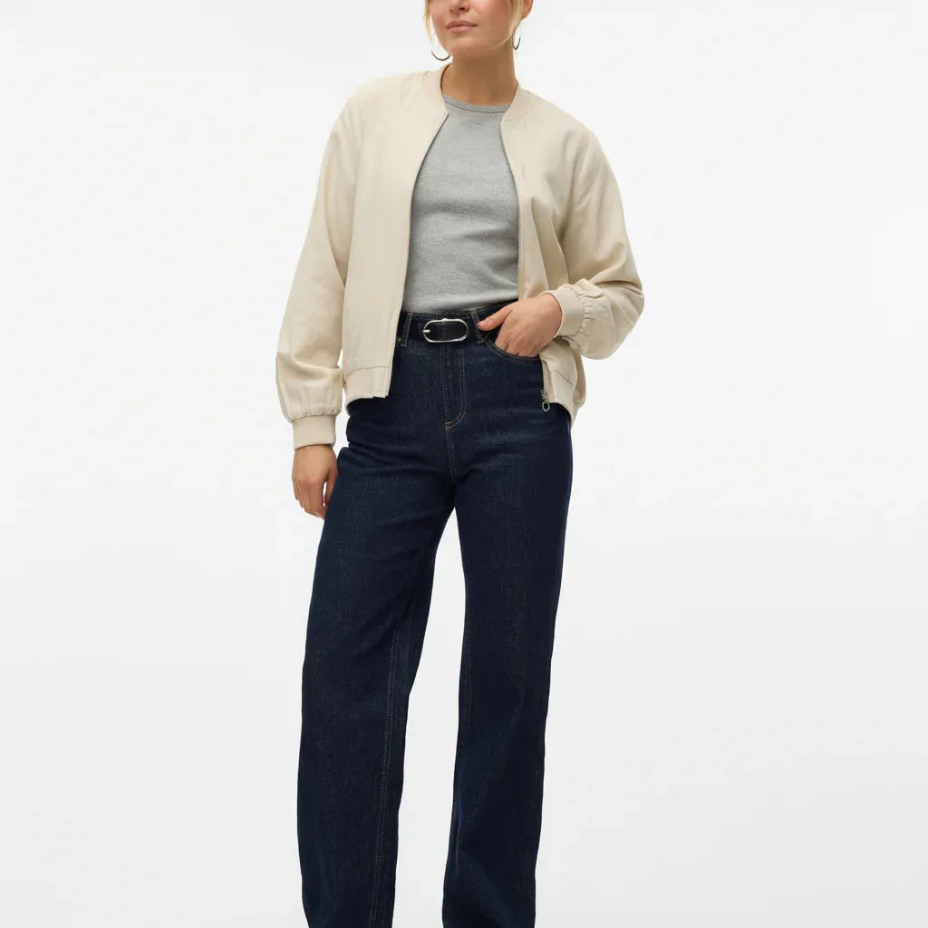 Chic High-Neck Bomber Jacket with Elastic Cuffs - Viscose Linen Blend - Gomix Brands Outlet